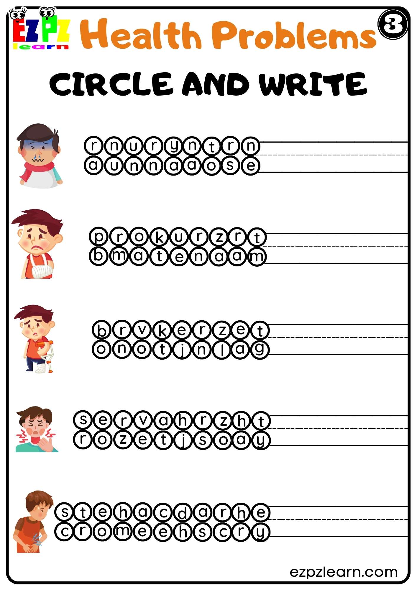 Health Problems Circle and Write Worksheet for Kindergarten K5 and ESL Students Free PDF Download Set 3